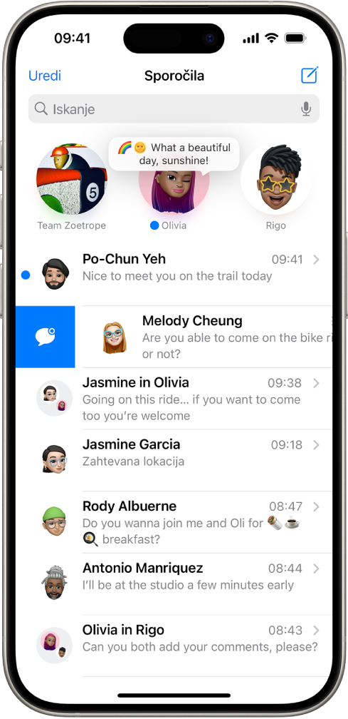 Seznam pogovorov sporočil z dvema neprebranima sporočilom in enim označenim kot neprebranim.