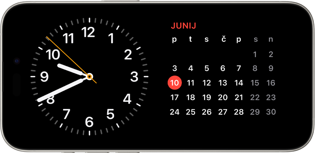 iPhone obrnjen vodoravno. Na levi strani zaslona je prikazana ura, na desni strani pa datum.