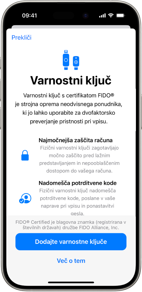 Pozdravni zaslon funkcije Varnostni ključi. Na dnu je gumb Dodaj varnostni ključ in povezava Več o tem. Nad njimi je obrazložitveno besedilo o prednostih uporabe varnostnih ključev.