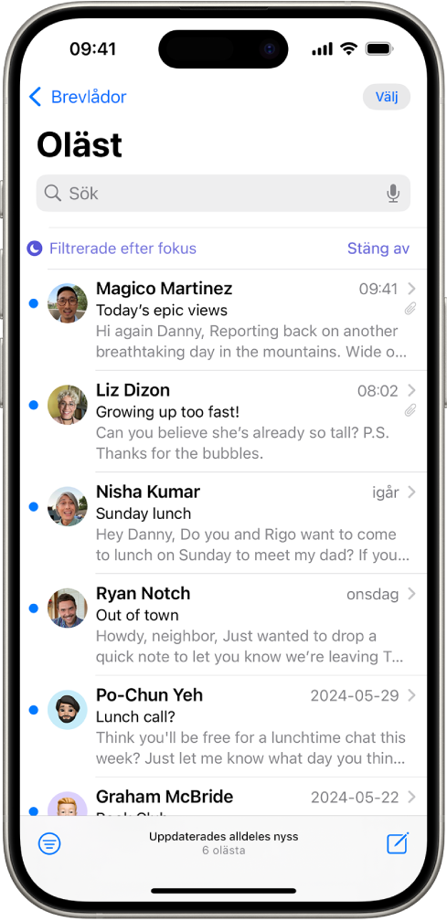 Inkorgen som visar en mejllista. Ovanför listan med mejl finns etiketten Filtrerade efter fokus och till höger står det Stäng av.