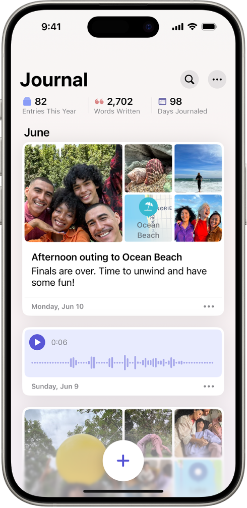 ఎగువ కుడి వైపున ఉన్న శోధన బటన్తో జర్నల్ ఎంట్రీలను చూపుతున్న స్క్రీన్.
