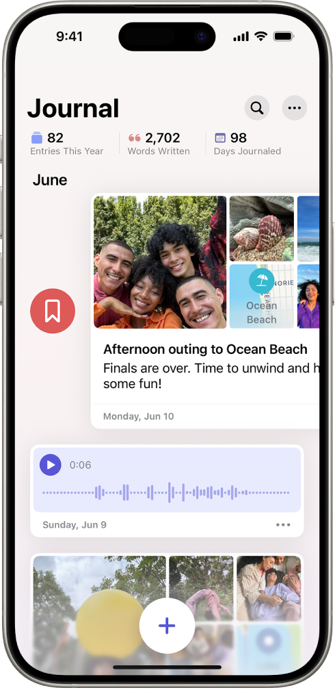 జర్నల్ ఎంట్రీలను చూపుతున్న స్క్రీన్. ఒక ఎంట్రీపై కుడివైపు స్వైప్ చేసినప్పుడు, బుక్మార్క్ బటన్ను చూపుతున్న స్క్రీన్.