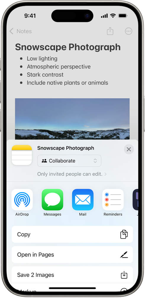 షేరింగ్ ఎంపికలను చూపించే ఓవర్లే నోట్.