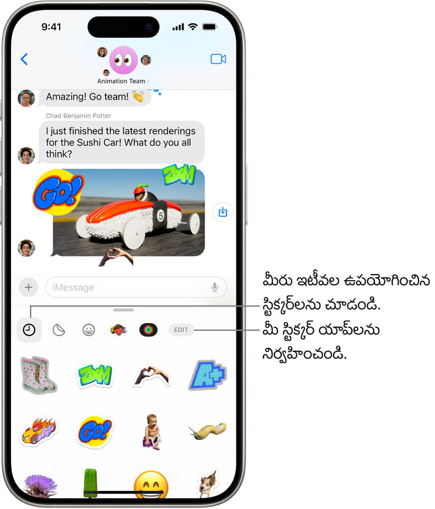 దిగువన స్టిక్కర్లు కనిపిస్తున్న సంభాషణ. స్టిక్కర్ ప్యాక్ను తెరిచే కార్డ్ ఎగువన ఉన్న ఒక్కో బటన్.