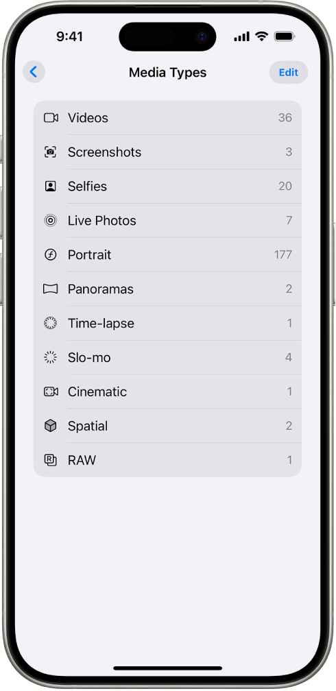 ఫోటోస్ యాప్లో తెరవబడి ఉన్న ‘మీడియా రకాలు’ కలెక్షన్, ఫోటో కలెక్షన్ల జాబితాను చూపుతుంది.