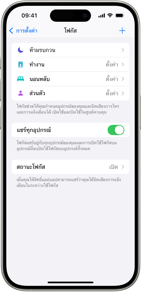 หน้าจอที่แสดงตัวเลือกโฟกัสที่มีให้ห้าตัวเลือก ซึ่งได้แก่ ห้ามรบกวน ไม่มีข้อความระหว่างการโทร นอนหลับ ส่วนบุคคล และทำงาน ตัวเลือกแชร์ทุกอุปกรณ์เปิดอยู่ ซึ่งทำให้สามารถใช้การตั้งค่าโฟกัสเดียวกันบนอุปกรณ์ Apple ทุกเครื่องของคุณได้