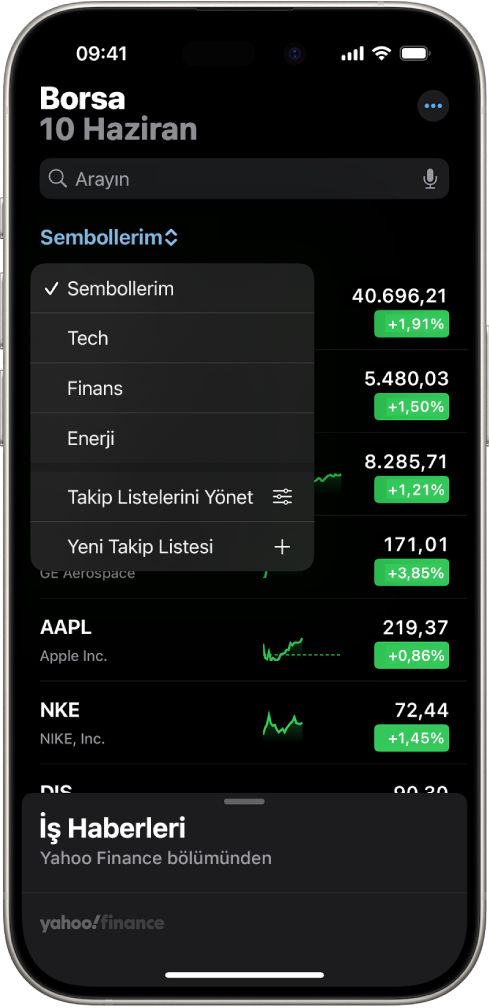 Borsa uygulamasında, farklı hisse senetlerinin listesinin gösterildiği takip listesi. Listedeki her hisse senedinde soldan sağa hisse senedi sembolü ve adı, performans çizelgesi, hisse senedi fiyatı ve fiyat değişimi gösterilir. Ekranın en üstünde, Sembollerim takip listesi seçili ve aşağıdaki takip listeleri ile seçenekler kullanılabiliyor: Teknoloji, Finans, Enerji, Takip Listelerini Yönet ve Yeni Takip Listesi.