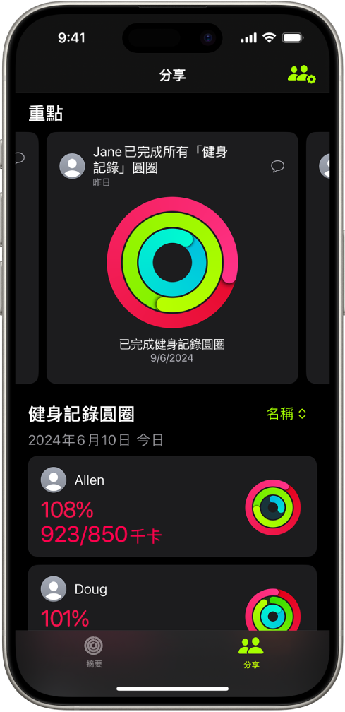 「健身」的「分享」畫面,其中顯示已經在用户和其朋友之間分享健身記錄圓圈和健身記錄重點。
