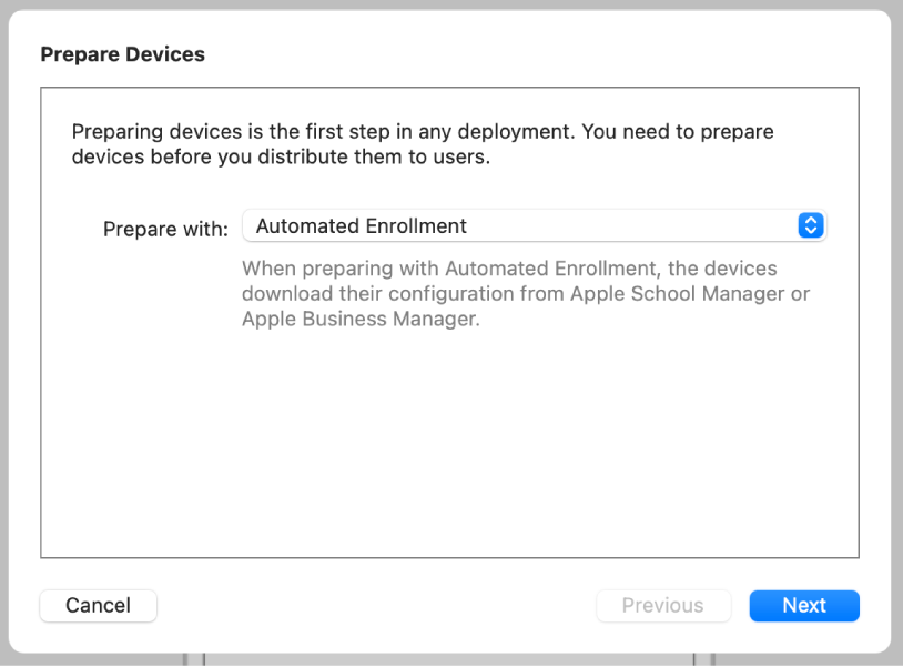 A screenshot of the Prepare Devices dialog that the Prepare Assistant uses to automate enrollment in a device management service.
