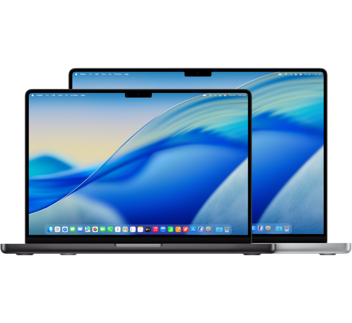 Una MacBook Pro de 14 pulgadas en frente de una MacBook Pro de 16 pulgadas.