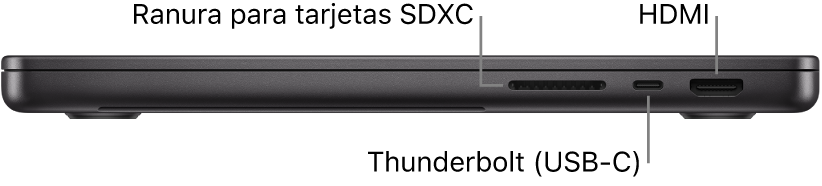 La vista del lado derecho de un MacBook Pro de 14 pulgadas con indicaciones a la ranura para tarjetas SDXC, el puerto Thunderbolt (USB-C) y el puerto HDMI.
