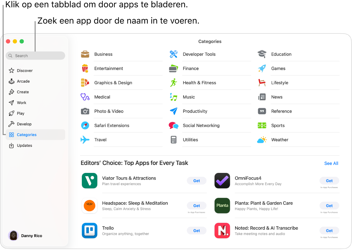 Het App Store-venster met het zoekveld en categorieën met apps.