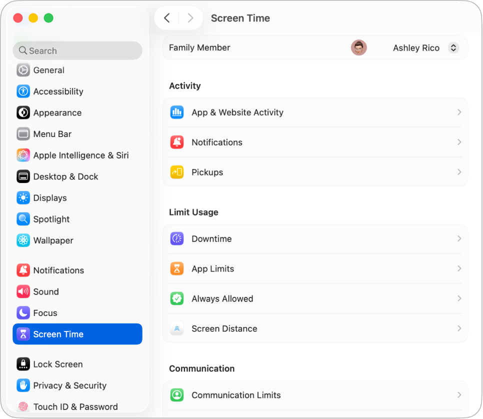 Ein Bildschirmzeit-Fenster mit Optionen zum Anzeigen von „App- & Websiteaktivität“, „Mitteilungen“ und „Aktivierungen“ sowie Optionen zum Verwalten der Bildschirmzeit, beispielsweise zum Festlegen von Auszeiten, App- und Kommunikationslimits und mehr.