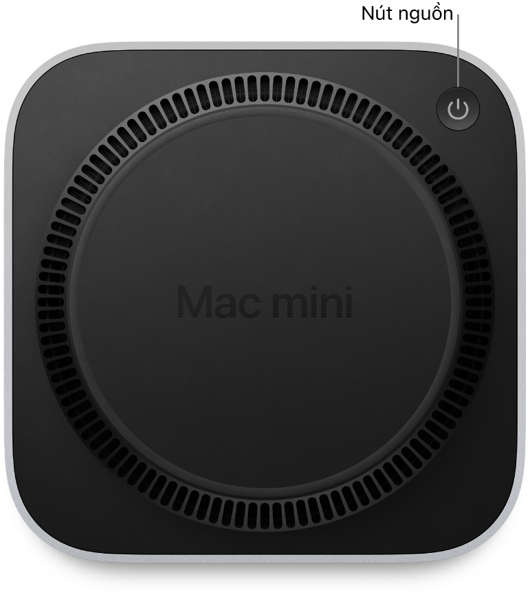 Mặt dưới của Mac mini hiển thị nút Nguồn.