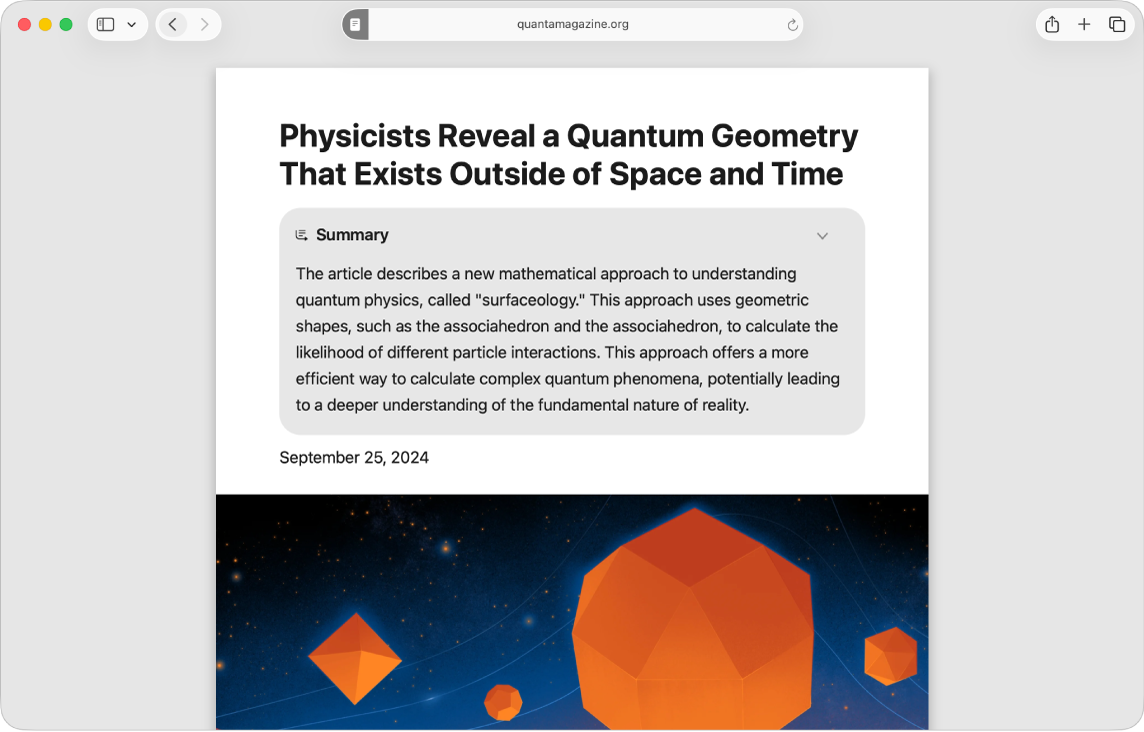A Safari app window showing the updated Safari Reader.