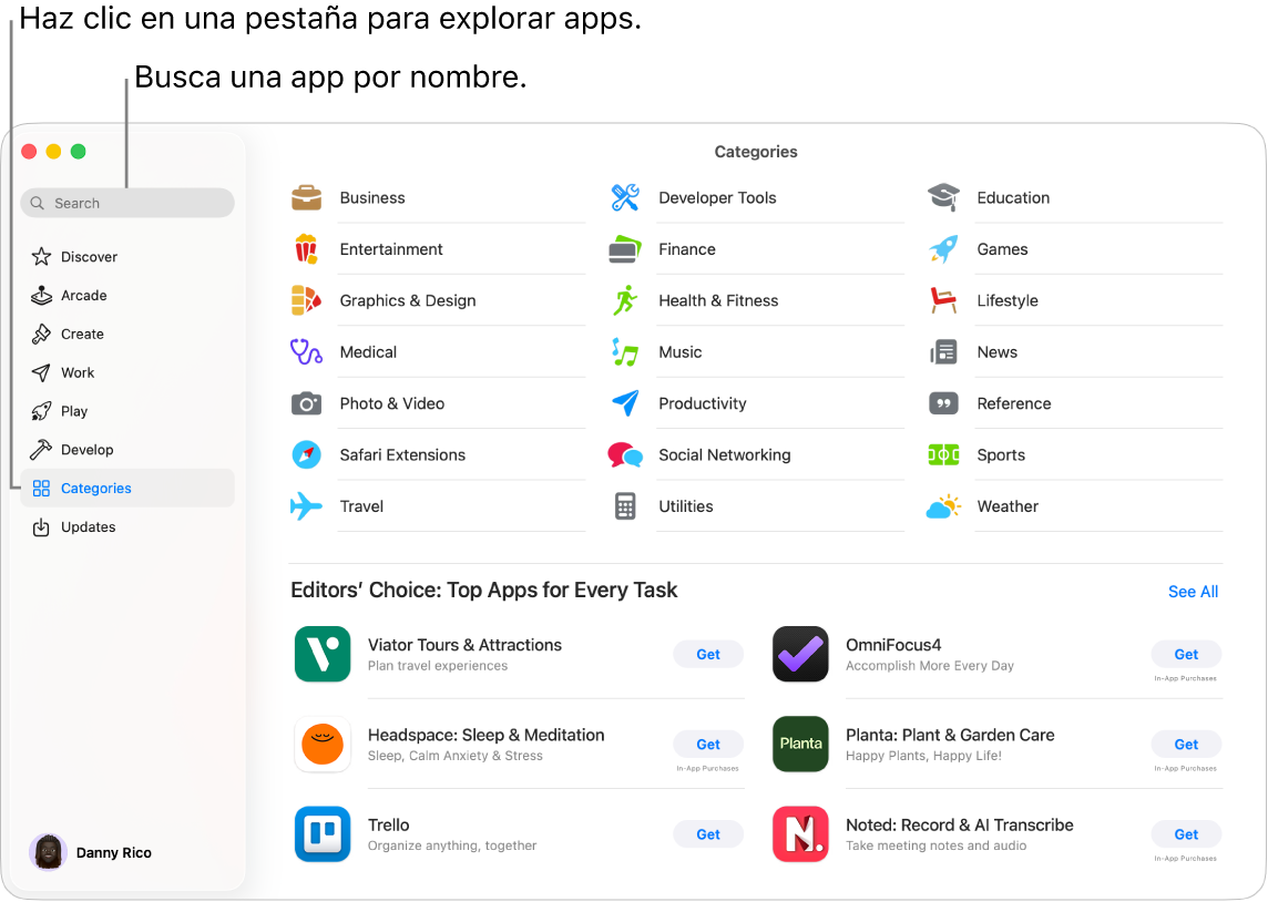 La ventana de App Store mostrando el campo de búsqueda y las categorías de apps.