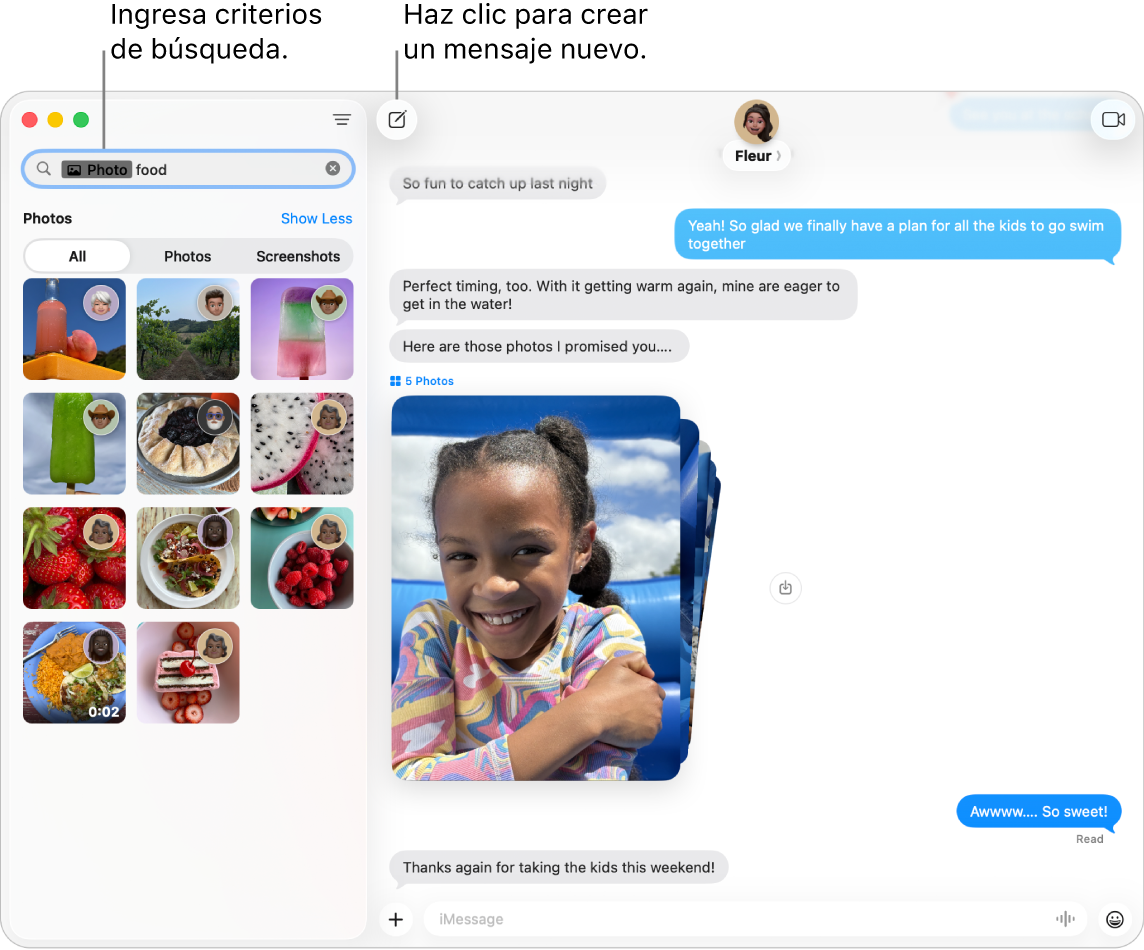 Una ventana de Mensajes mostrando resultados de búsqueda a la izquierda y una conversación a la derecha.