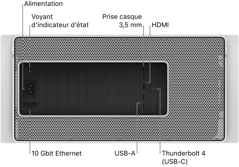 Vue de l’arrière du Mac Pro montrant le port d’alimentation, un voyant d’état, une prise de casque d’écoute de 3,5 mm, deux ports HDMI, six ports Thunderbolt 4 (USB-C), deux ports USB-A et deux ports 10 Gbit Ethernet.