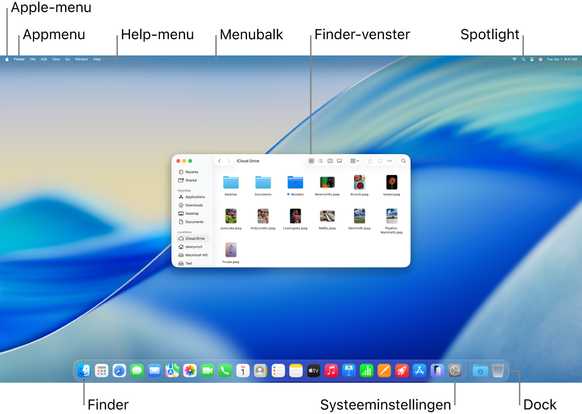 Een Mac-scherm met het Apple-menu, het appmenu, het Help-menu, de menubalk, een Finder-venster, het Spotlight-symbool, het Finder-symbool, het Systeeminstellingen-symbool en het Dock.