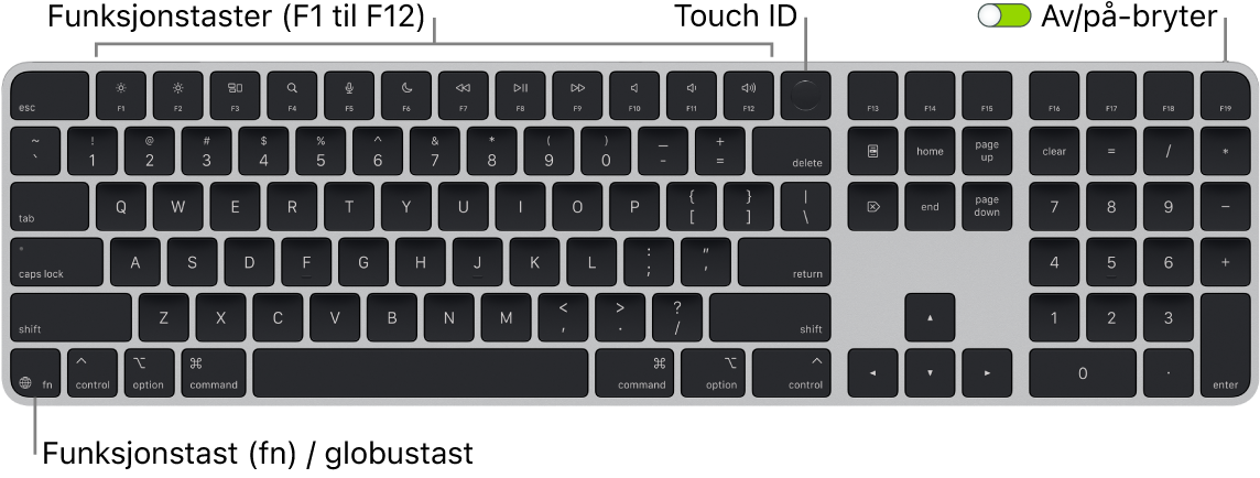 Magic Keyboard med Touch ID og talltastatur vises. Raden med funksjonstaster og Touch ID er øverst og funksjonstasten (Fn) / globustasten er nederst til venstre.