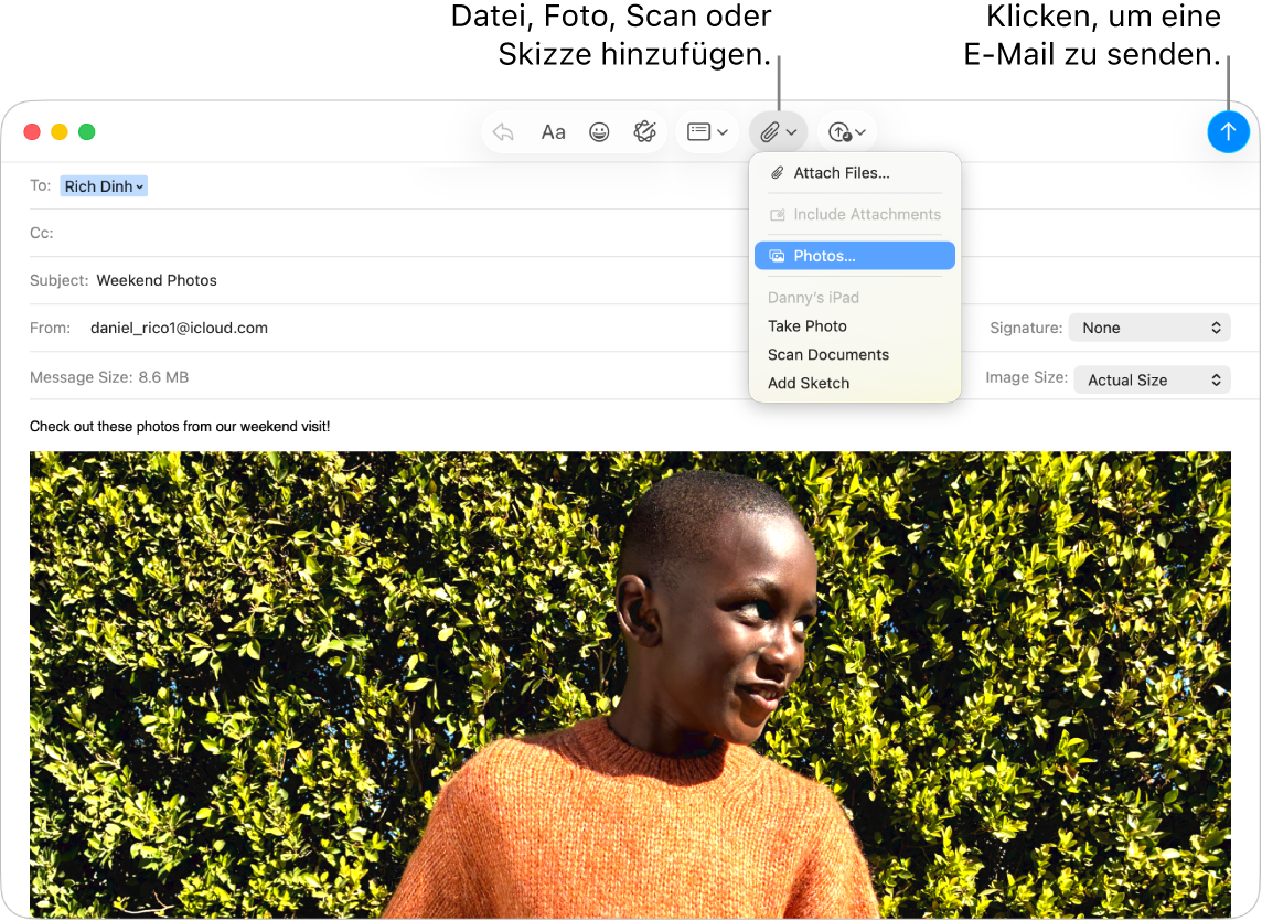 Ein Mail-Fenster zeigt eine neue E-Mail, die geschrieben wird. Das Einblendmenü zeigt Optionen zum Anhängen von Fotos oder zum Aufnehmen eines Fotos, zum Scannen eines Dokuments oder zum Hinzufügen einer Zeichnung von einem Gerät in der Nähe.