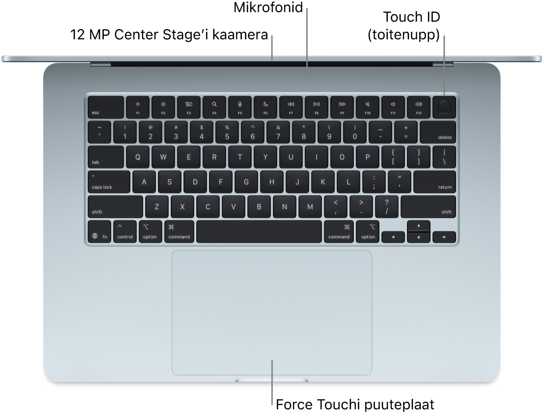 Ülaltvaade avatud MacBook Airile väljaviikudega kaamerale, mikrofonidele, Touch ID-le (toitenupule) ja Force Touch-puuteplaadile.