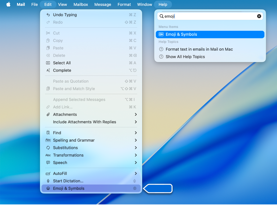 قائمة المساعدة تعرض بحثًا عن "إيموجي" مع تمييز خيار إيموجي والرموز في قائمة النتائج وفي القائمة تعديل.