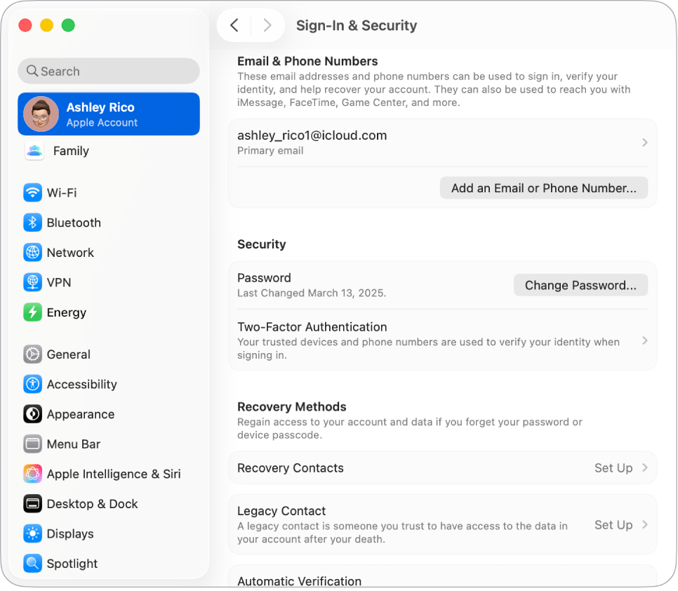 The Sign-In & Security section of Apple Account in System Settings. From here, you can set up Account Recovery or Legacy Contact.