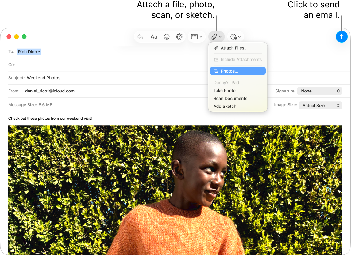 A Mail window showing a new message being drafted. The pop-up menu shows options to attach photos, or take a photo, scan a document, or add a sketch from a nearby device.