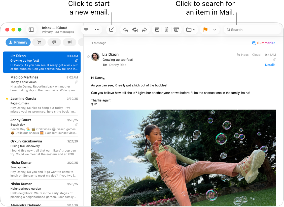 A Mail window showing the list of messages next to the sidebar, and the contents of the selected message on the right. A callout points to the search field.