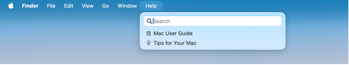 A partial desktop with the Help menu open, showing menu options for Search and Mac User Guide.