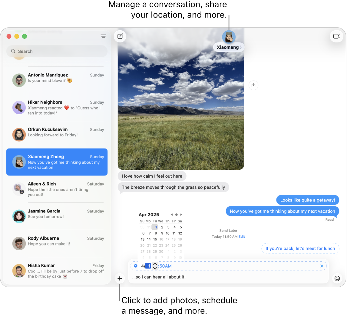 A Messages window showing a conversation. A message is being scheduled to send at a later date.