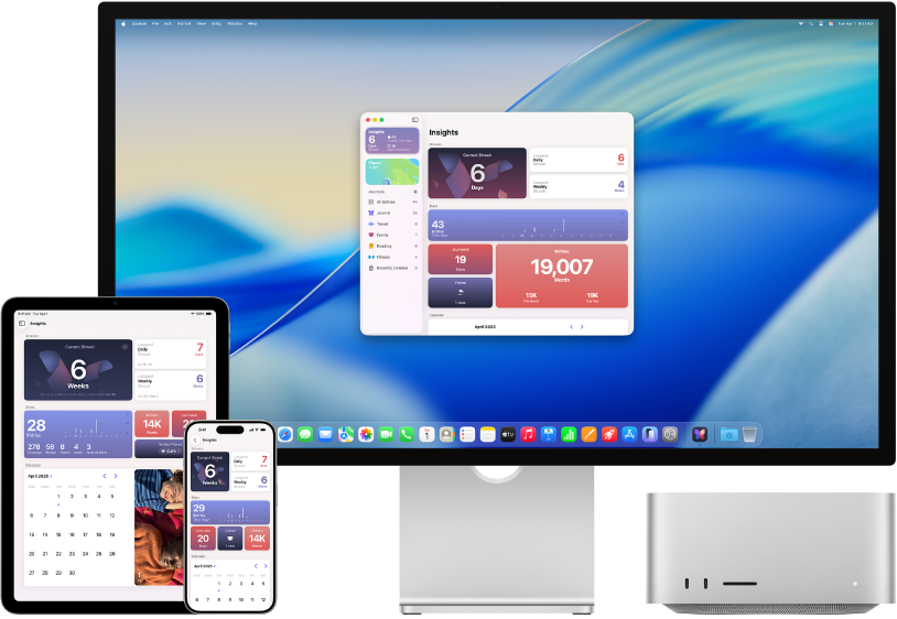 Mac Studio ved siden av ulike enheter som viser det samme iCloud-innholdet.