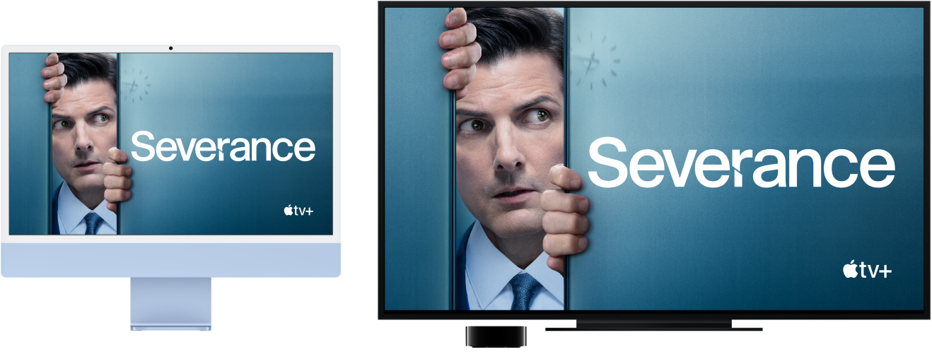 جهاز iMac تم إجراء انعكاس لمحتوياته على تلفزيون HDTV كبير باستخدام Apple TV.