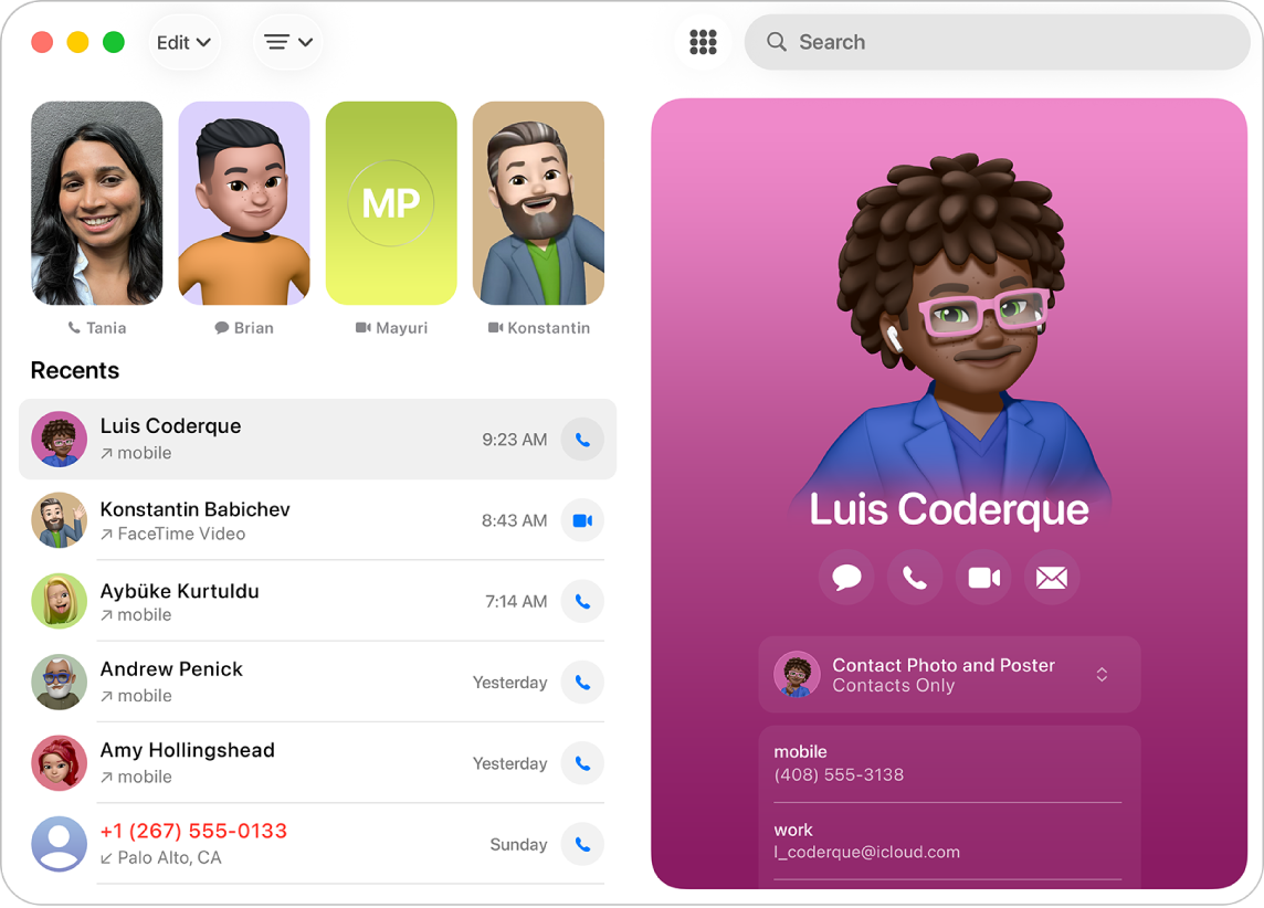 Прозорец в приложението Phone (Телефон) на Mac, който показва Recent calls (Скорошни обаждания) отляво и визитка отдясно.