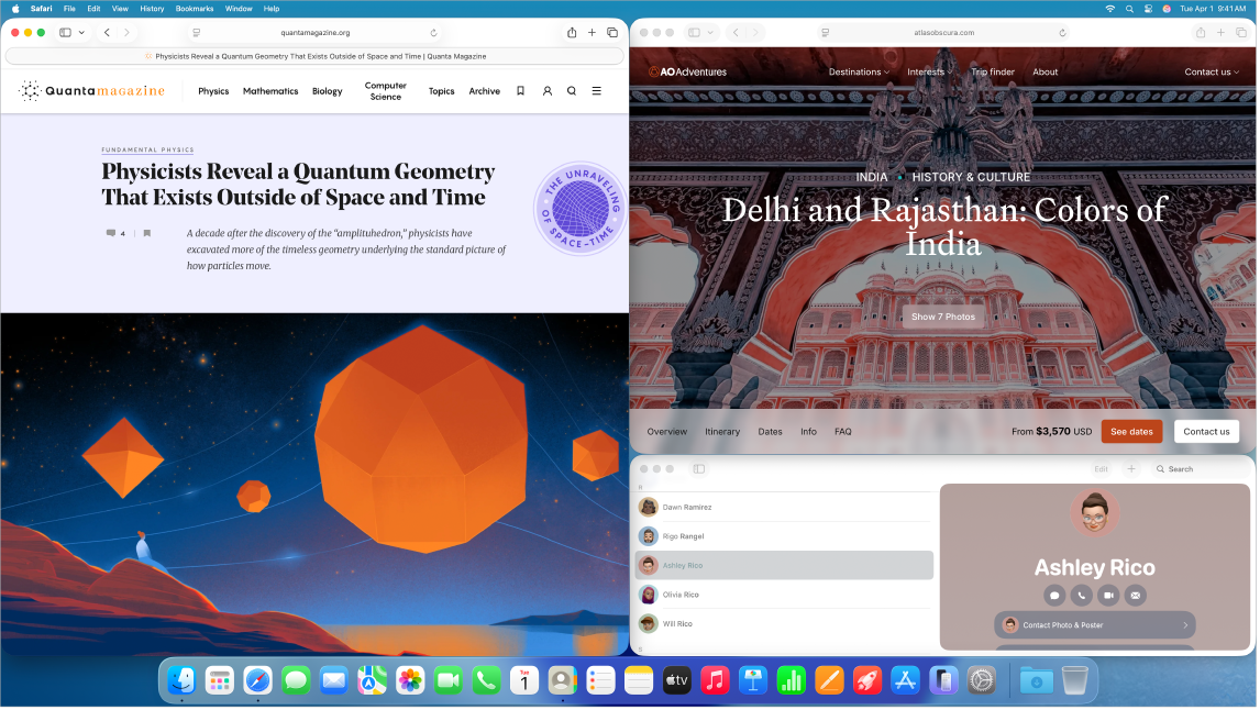 A screen showing Safari tiled on the left and Notes and Messages tiled on the right.