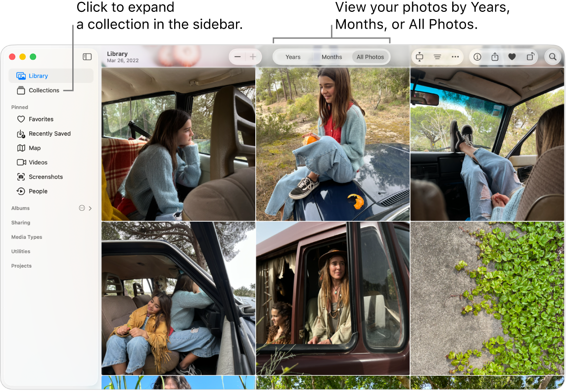 The Photos window showing the Library where you can view the photos by years, months, or all photos. You can also choose from different collections in the sidebar.