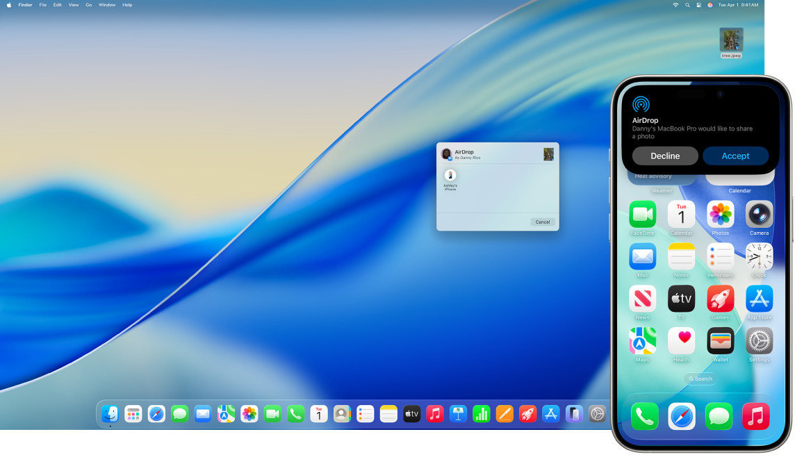 The AirDrop dialog on a Mac shows a file being sent to a nearby iPhone. Next to it, the iPhone shows a notification that lets the person accept or decline the file.