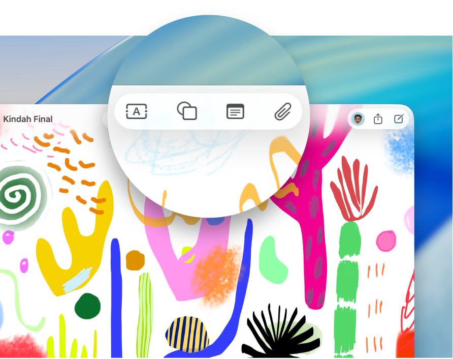 A Freeform board showing the toolbar with various buttons that allow you to add content.