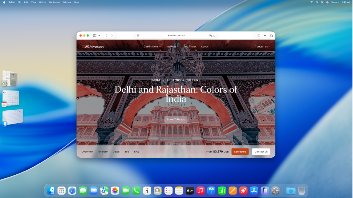 A screen showing Stage Manager with a Safari screen on the main page and other apps on the left side.