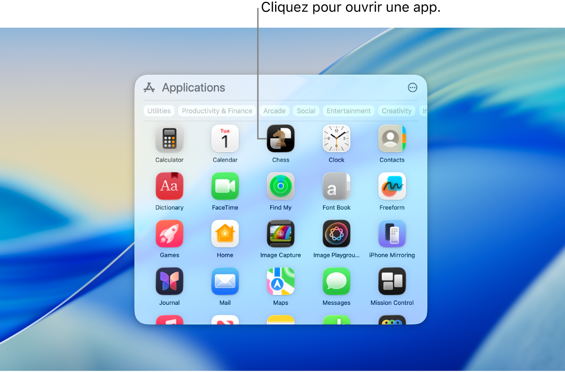 L’icône Apps dans le Dock et une fenêtre Apps ouverte affichant plusieurs apps disposées en grille sur l’écran d’un Mac.