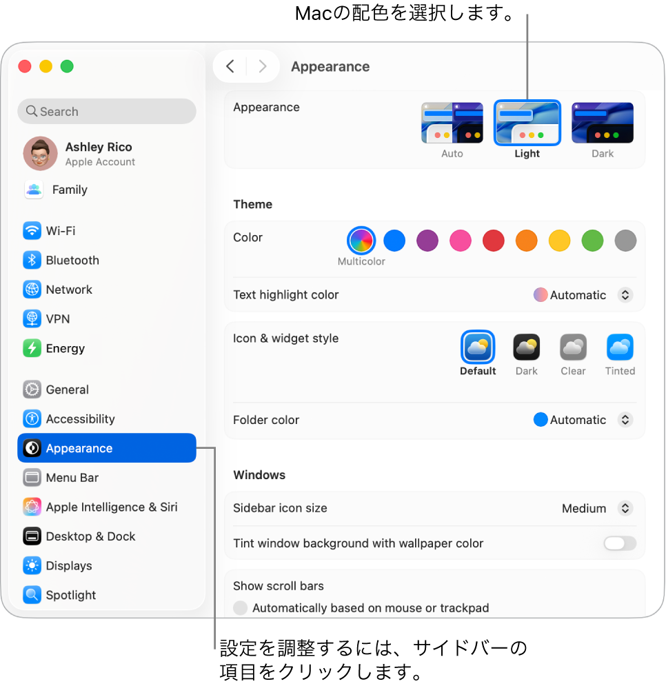 「システム設定」の「外観モード」ウインドウ。