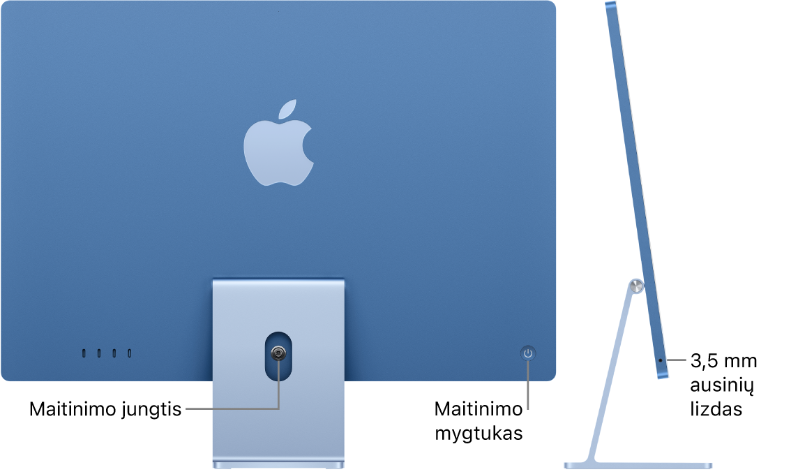 Galinė „iMac“ pusė, matosi maitinimo jungtis ir maitinimo mygtukas. Šalia pateiktas šoninis vaizdas, matosi ausinių lizdas.