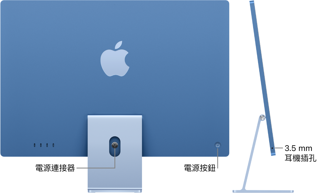 iMac 的背面,顯示電源連接器和電源按鈕。旁邊為顯示耳機插孔的側面視圖。