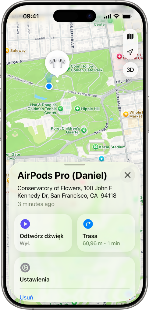 Ekran aplikacji Znajdź na iPhonie. Wyświetlane jest położenie słuchawek AirPods na mapie San Francisco z pokazanym adresem. Widoczne są opcje Odtwórz dźwięk oraz Trasa.