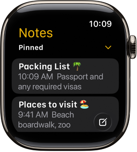 قائمة ملاحظات مع ملاحظات مثبتة في الأعلى.