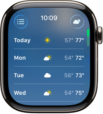 شاشة توقعات الطقس خلال 10 أيام، تعرض درجات الحرارة المتوقعة المرتفعة والمنخفضة لمدة أربعة أيام.