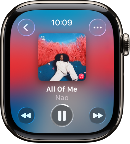 شاشة "قيد التشغيل" تعرض صورة الألبوم مع عنوان الأغنية واسم الفنان أسفلها. عناصر التحكم في الوسائط توجد في الأسفل. يظهر زر مزيد من الخيارات في أعلى اليسار. يوجد الزر رجوع في أعلى اليسار.