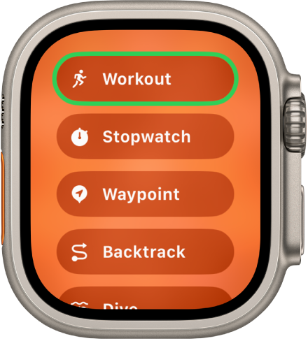 Der Schnellwechsel-Bildschirm zeigt die Aktionen an, die der Aktionstaste zugewiesen werden können, wie zum Beispiel „Training“, „Stoppuhr“, „Wegpunkt“ und „Backtrack“.