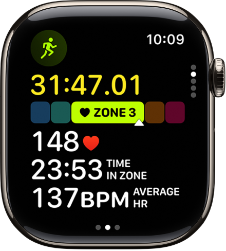 Ein aktives Lauftraining zeigt die verstrichene Trainingszeit, deine aktuelle Zone, die Herzfrequenz, Zeit in der Zone und durchschnittliche Herzfrequenz.